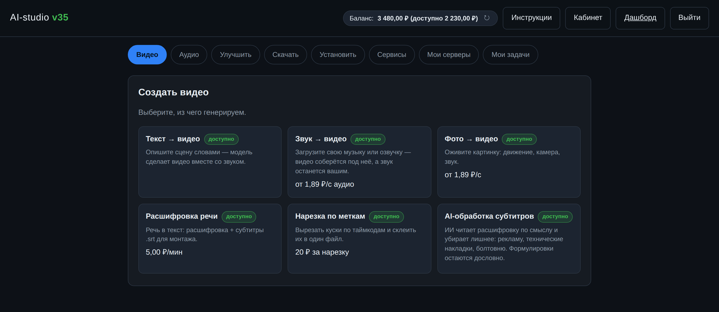 Страница услуг AI-studio: баланс 3 480 ₽, доступно 2 230 ₽ с учётом холда 1 250 ₽, шесть услуг с ценами за секунду, минуту и операцию